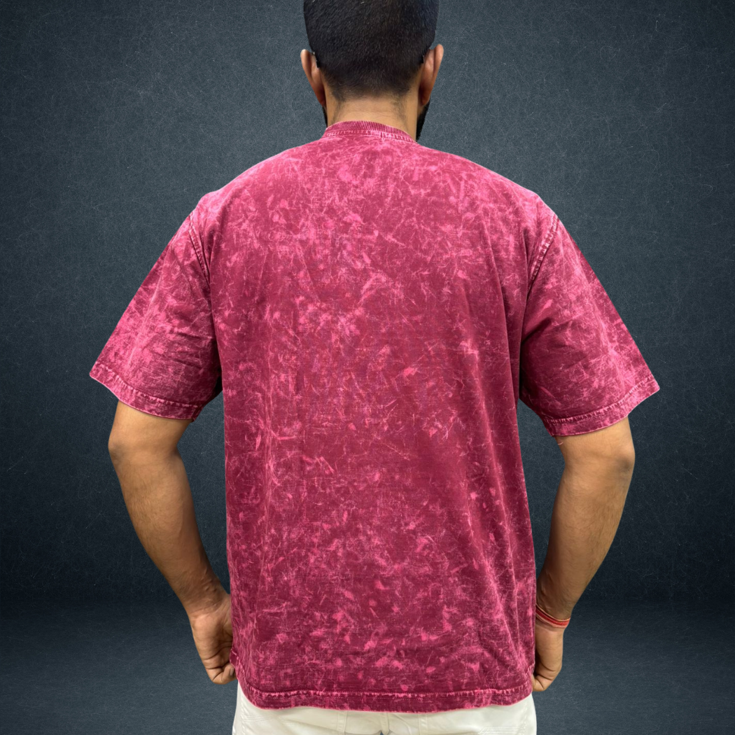 Mehnat Kam AI Zyada oversized acid wash t-shirt in maroon  back view male model  Indian streetwear brand Prospera