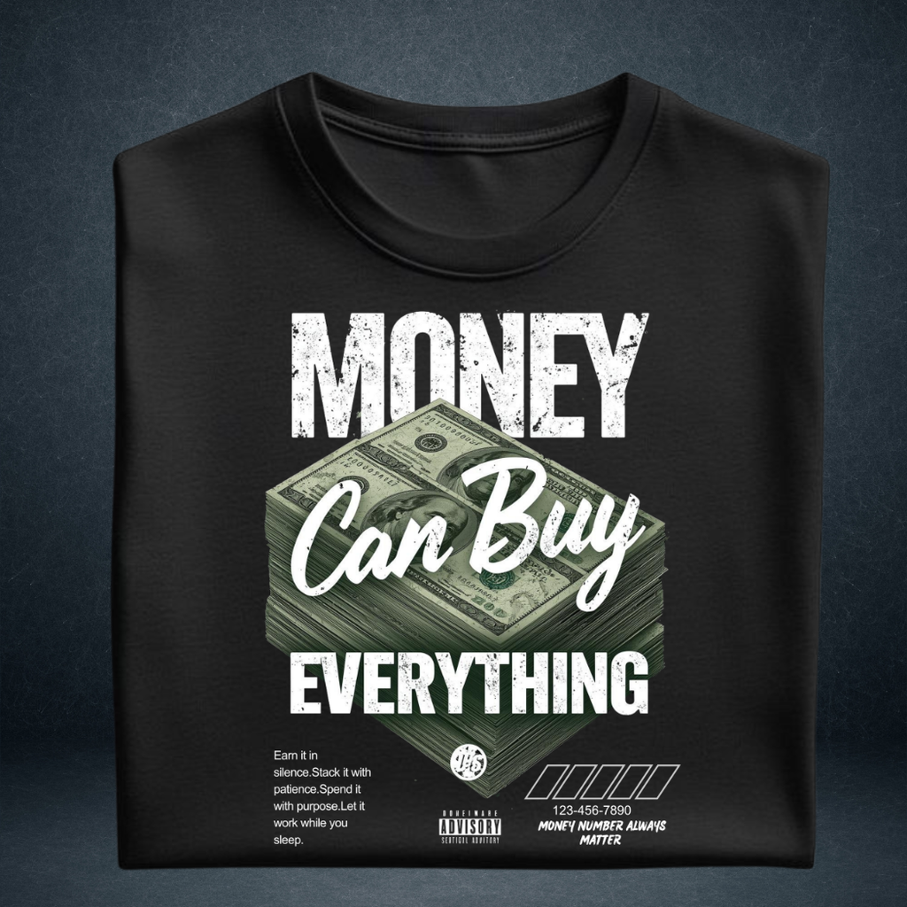 Money Can Buy Everything black oversized streetwear tshirt folded view 240 GSM cotton graphic tee India - Prospera