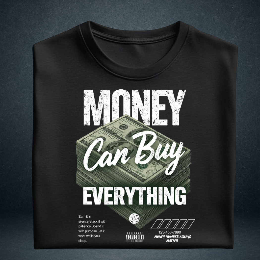 Money Can Buy Everything black oversized streetwear tshirt folded view 240 GSM cotton graphic tee India - Prospera