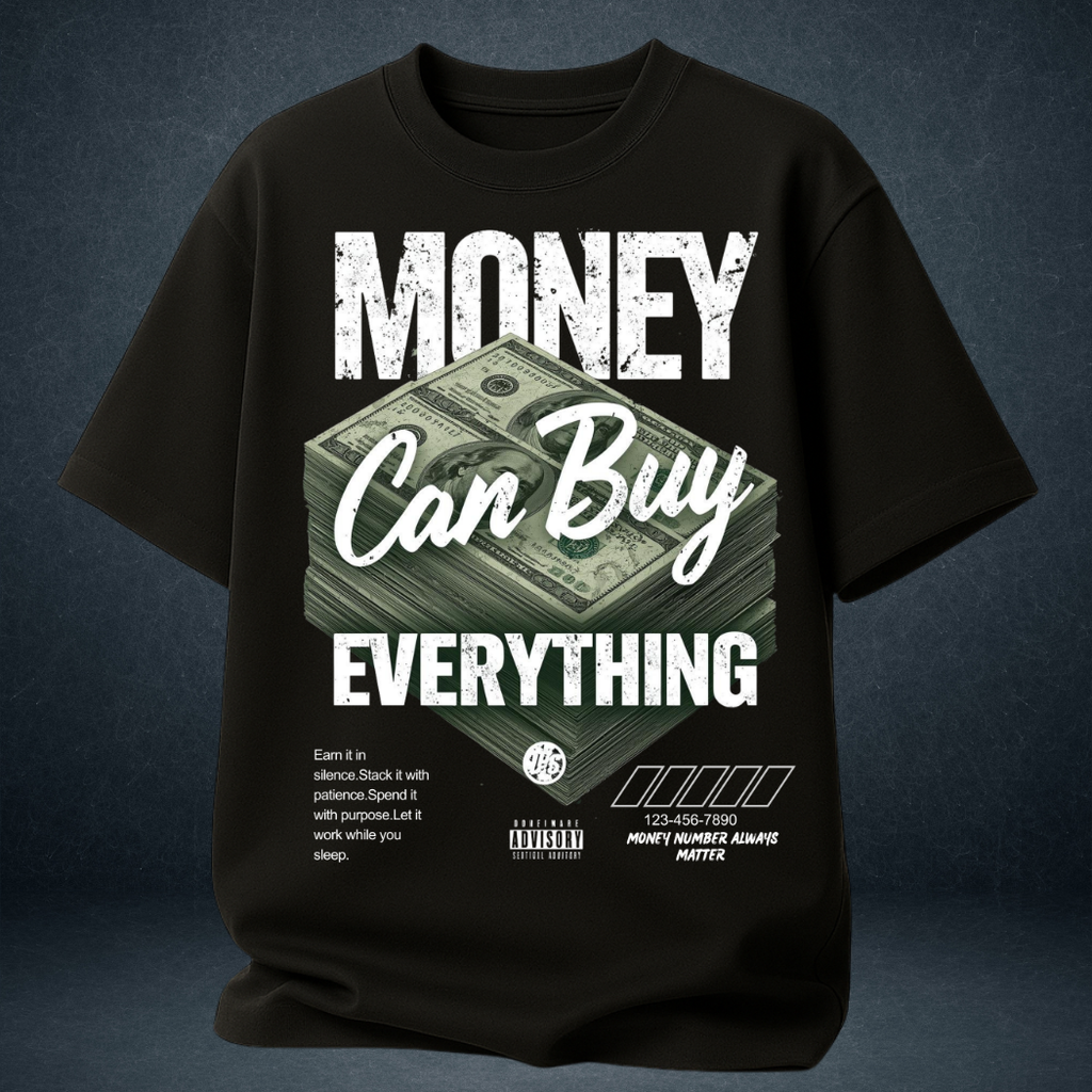 Money Can Buy Everything graphic oversized tee in black  240 GSM premium cotton streetwear - Prospera Clothing India