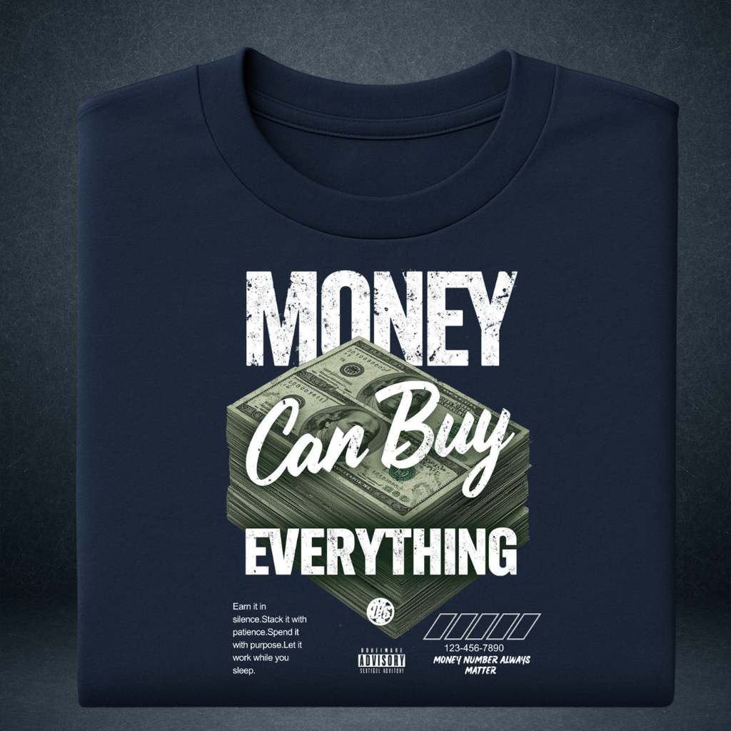 Money Can Buy Everything navy blue oversized tshirt folded  dollar stack graphic tee India - Prospera Clothing