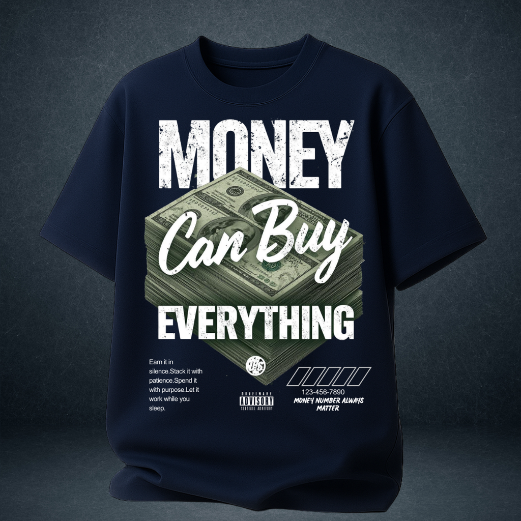 Money Can Buy Everything oversized t-shirt navy blue bold money graphic streetwear tee - Prospera Clothing India