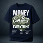 Money Can Buy Everything oversized t-shirt navy blue bold money graphic streetwear tee - Prospera Clothing India