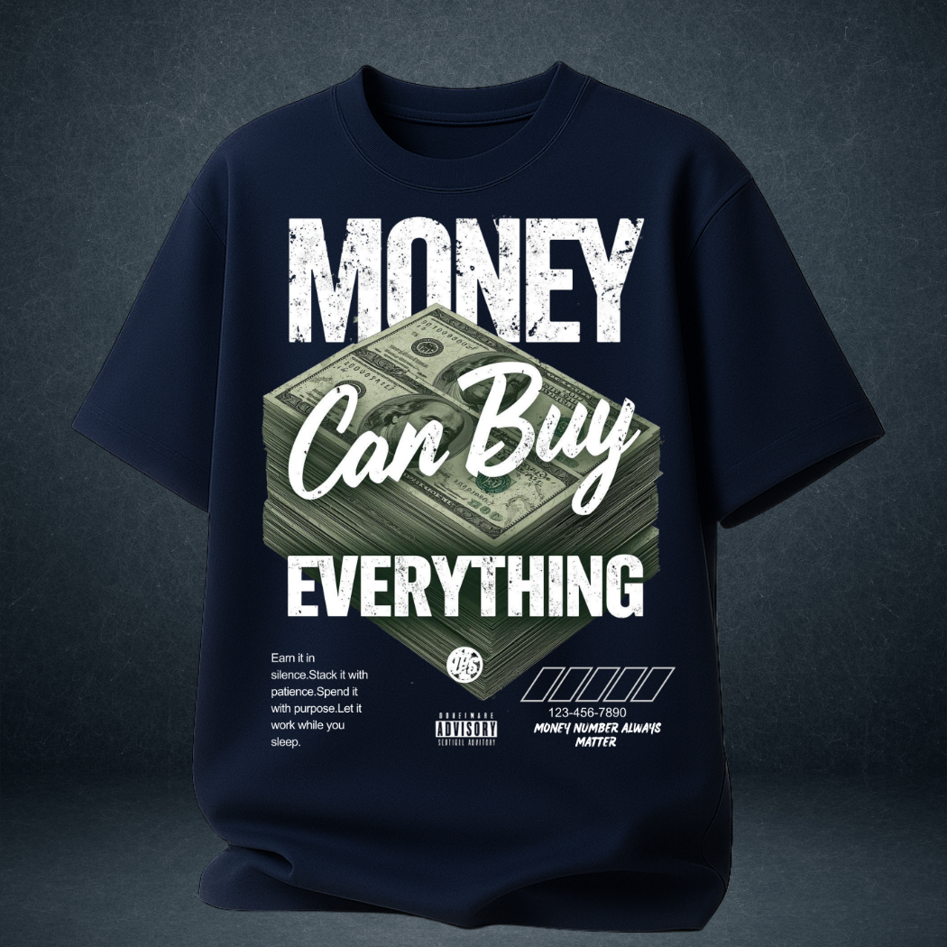 Money Can Buy Everything oversized t-shirt navy blue bold money graphic streetwear tee - Prospera Clothing India