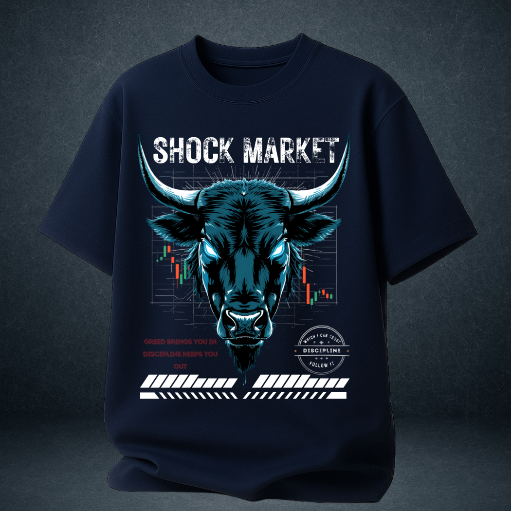 Shock Market oversized navy t-shirt front view bull stock market candlestick graphic print by Prospera Clothing India