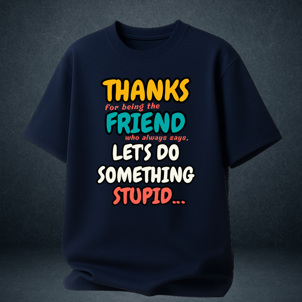 Navy blue drop-shoulder oversized tee front view with funny friends quote print for men and women