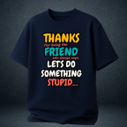 Navy blue drop-shoulder oversized tee front view with funny friends quote print for men and women