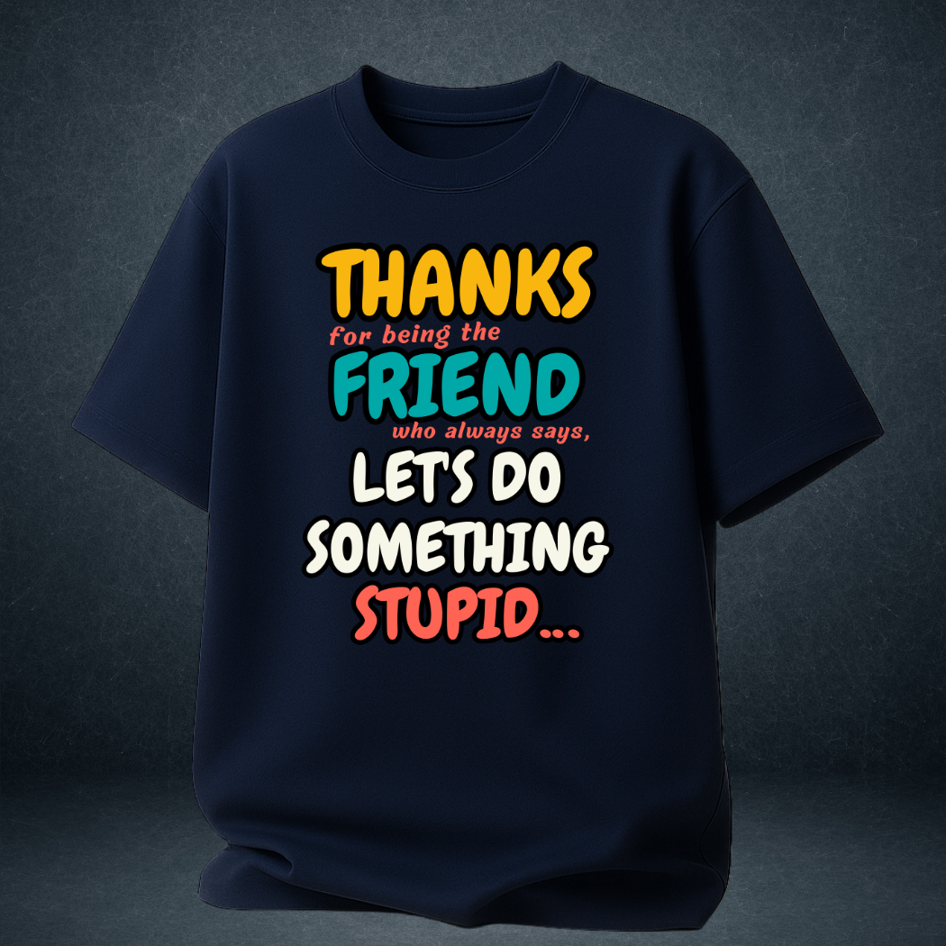 Navy blue drop-shoulder oversized tee front view with funny friends quote print for men and women