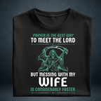 Men's black oversized husband wife quote graphic tshirt folded  Prayer Messing With Wife tee - Prospera India