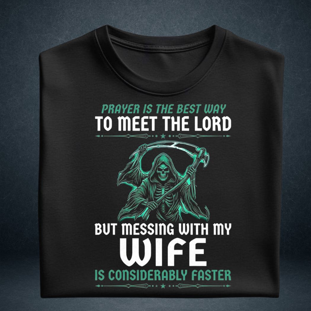 Men's black oversized husband wife quote graphic tshirt folded  Prayer Messing With Wife tee - Prospera India