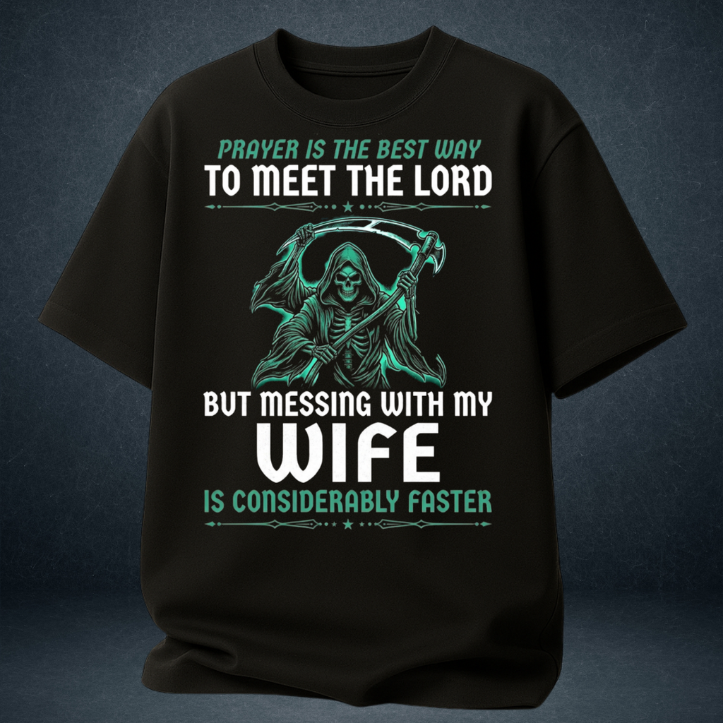  Men's black Messing With My Wife husband quote oversized t-shirt worn front view green reaper graphic - Prospera Clothing