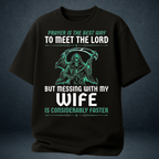  Men's black Messing With My Wife husband quote oversized t-shirt worn front view green reaper graphic - Prospera Clothing