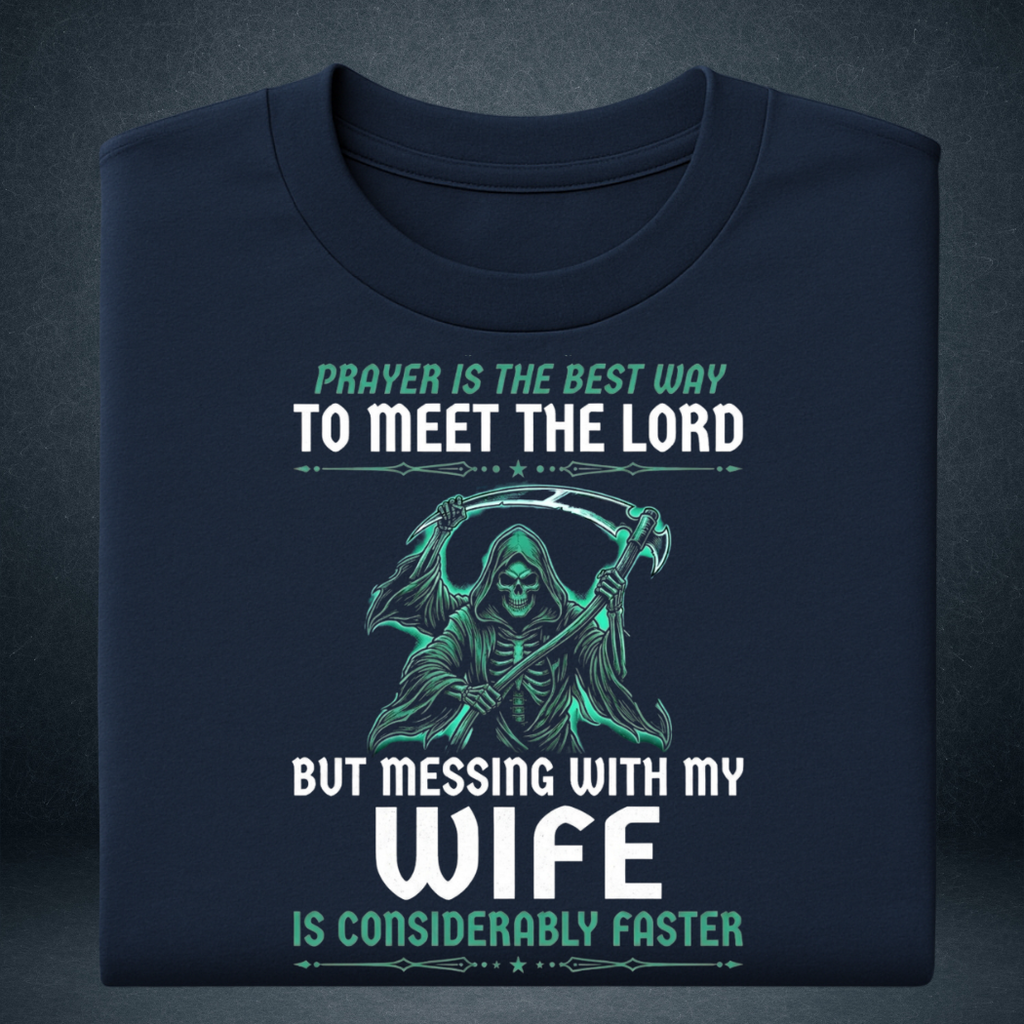 Men's navy blue Prayer Is The Best Way husband wife graphic tshirt folded  green grim reaper print - Prospera