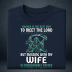 Men's navy blue Prayer Is The Best Way husband wife graphic tshirt folded  green grim reaper print - Prospera