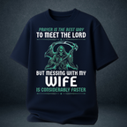 Men's navy blue oversized graphic t-shirt Prayer Is The Best Way Messing With My Wife quote  husband tee - Prospera India