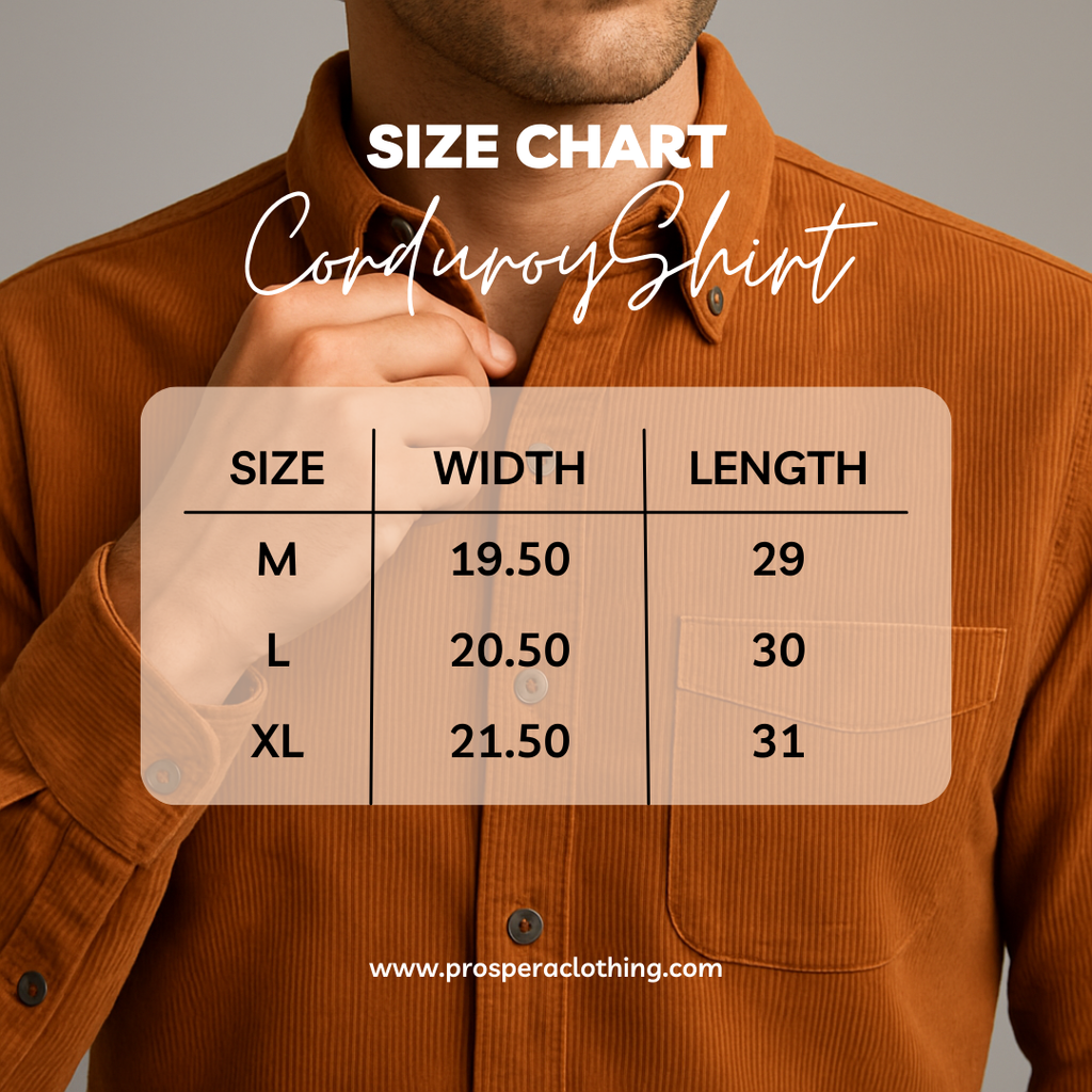 Prospera cotton shirt size chart measurement guide