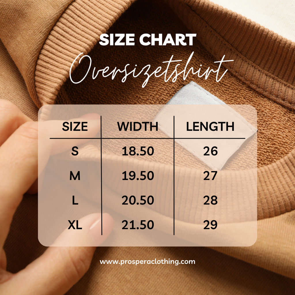 Prospera oversized t-shirt size measurement guide chart
