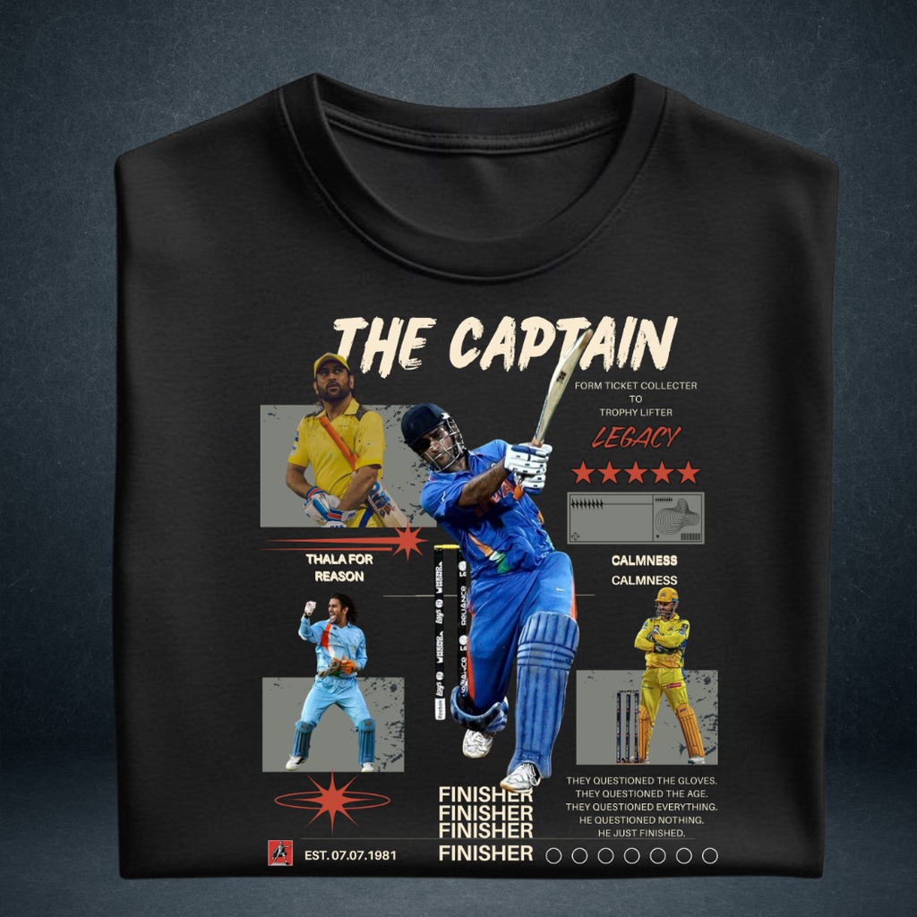 The Captain MSD tribute black graphic tee folded view Prospera Clothing India
