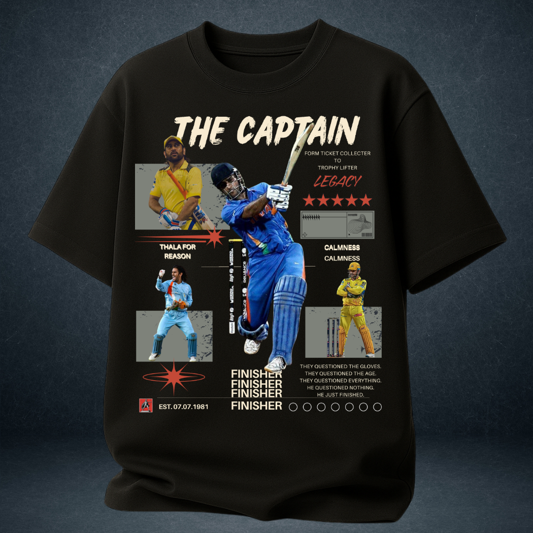 MS Dhoni The Captain oversized graphic t-shirt black front view Prospera Clothing