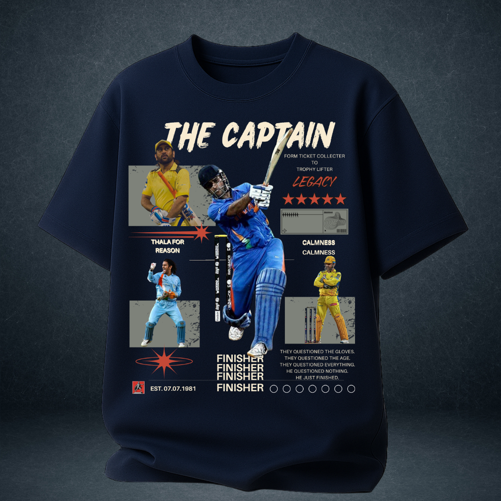MS Dhoni The Captain oversized graphic t-shirt navy blue front view Prospera Clothing