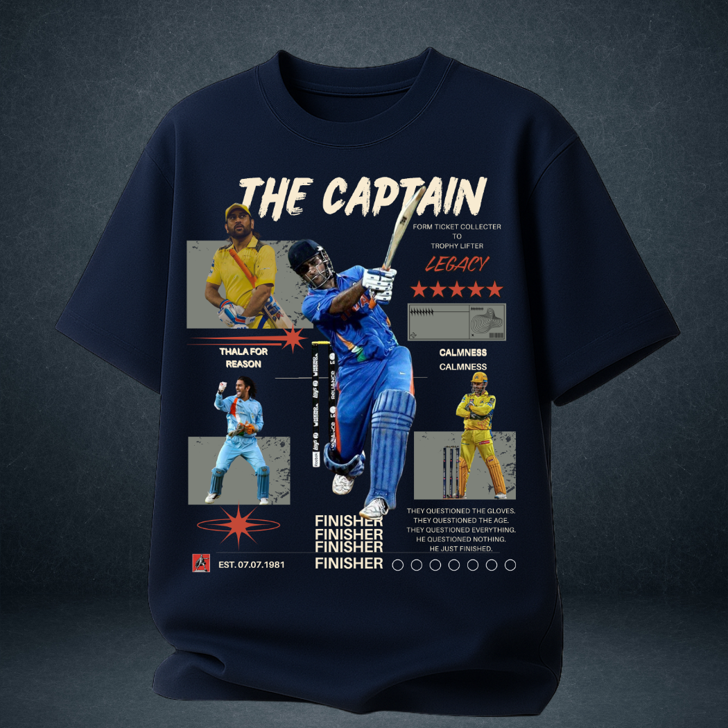 MS Dhoni The Captain oversized graphic t-shirt navy blue front view Prospera Clothing