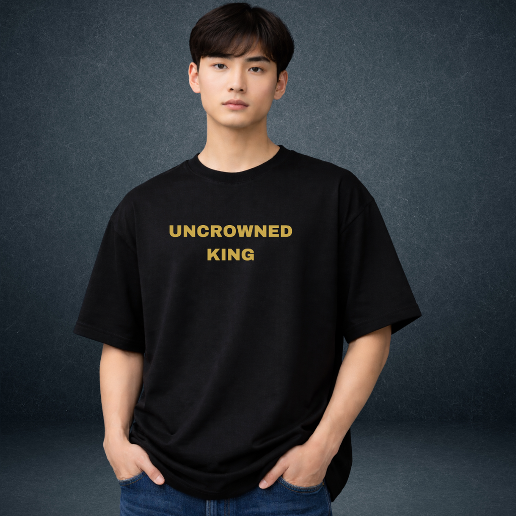 Prospera Clothing Uncrowned King navy oversized tshirt model wear front look - Punjab Kings streetwear India