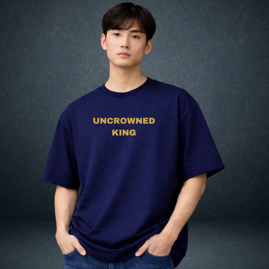 Prospera Clothing Uncrowned King navy oversized tshirt model wear front look - Punjab Kings streetwear India