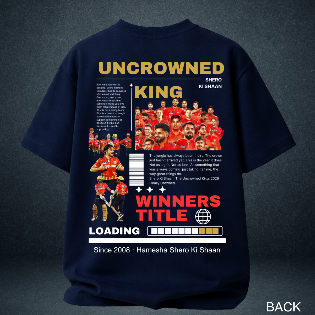 Uncrowned King oversized t-shirt navy blue back graphic - Punjab Kings IPL fan drop by Prospera Clothing