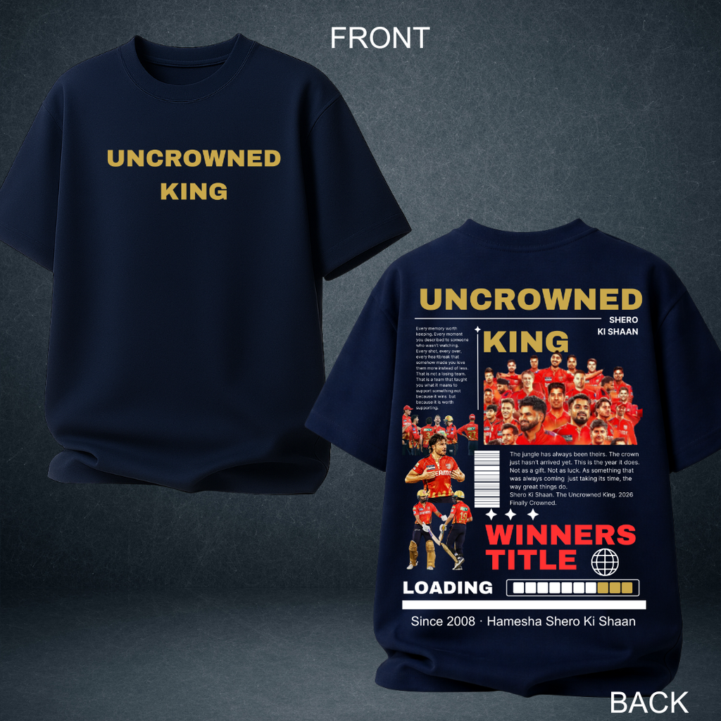 Prospera Clothing Uncrowned King navy oversized tshirt front and back - Punjab Kings streetwear India