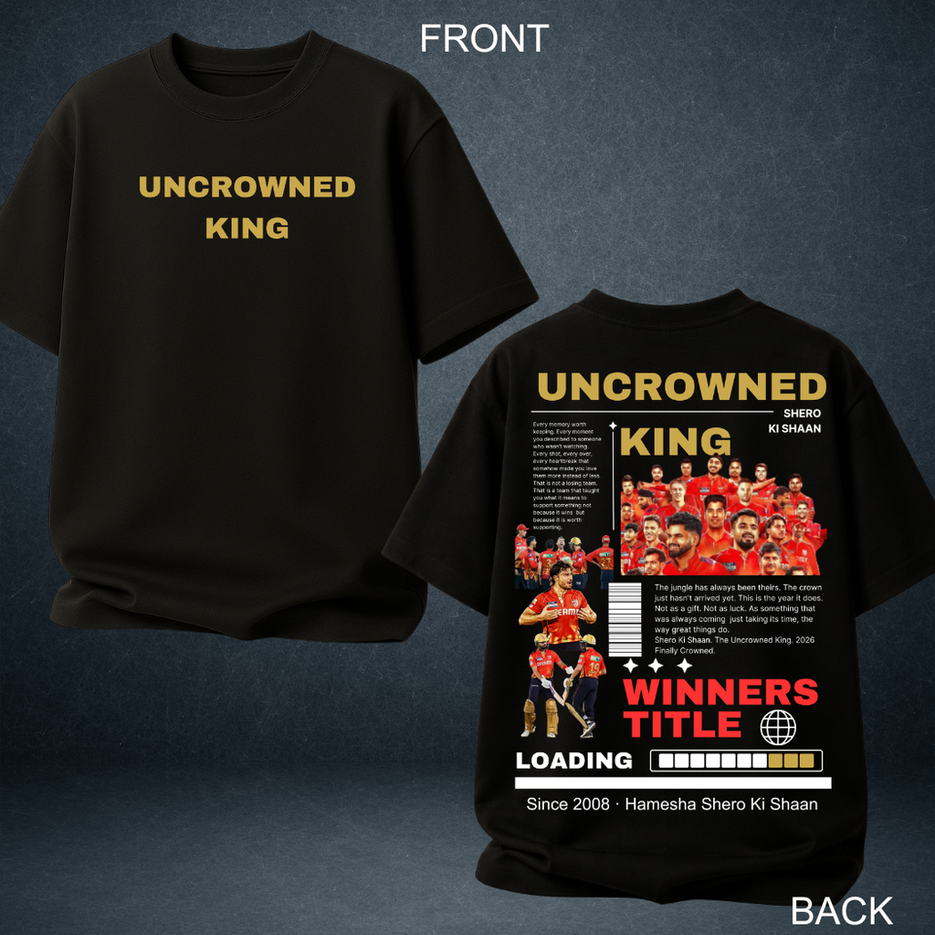 Prospera Clothing Uncrowned King black oversized tshirt front back - IPL fan merch India