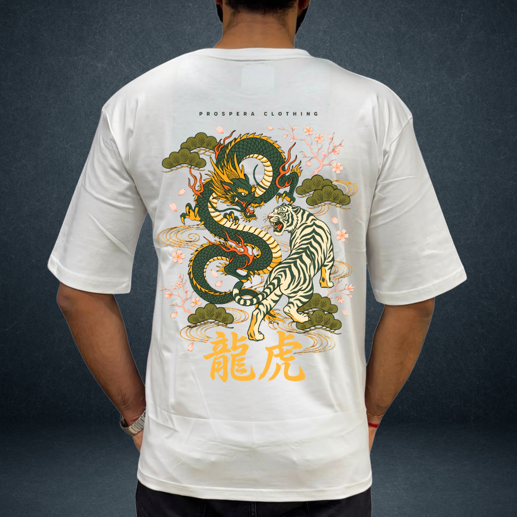 dragon vs tiger white unisex overiszed tshirt  back side image