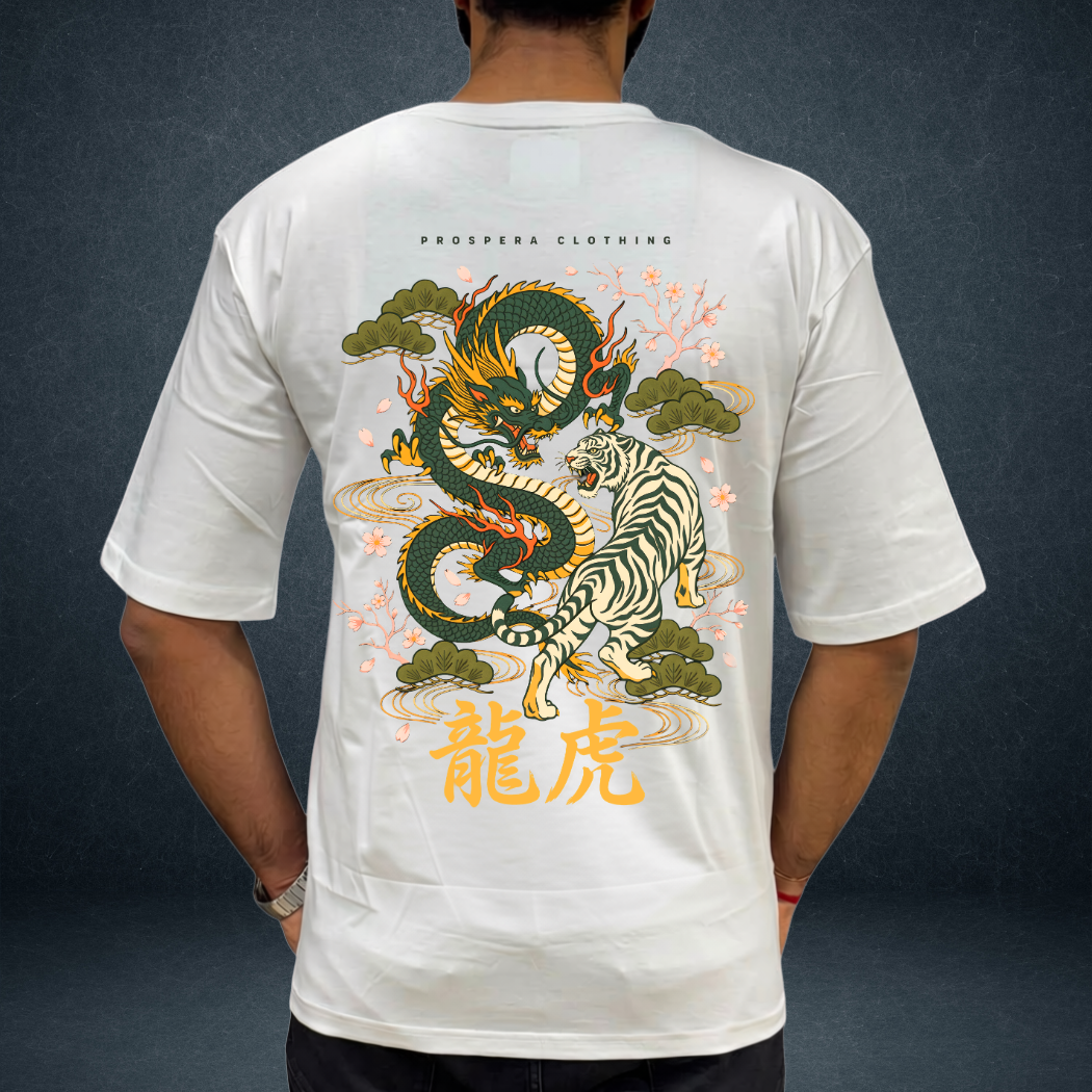 dragon vs tiger white unisex overiszed tshirt  back side image