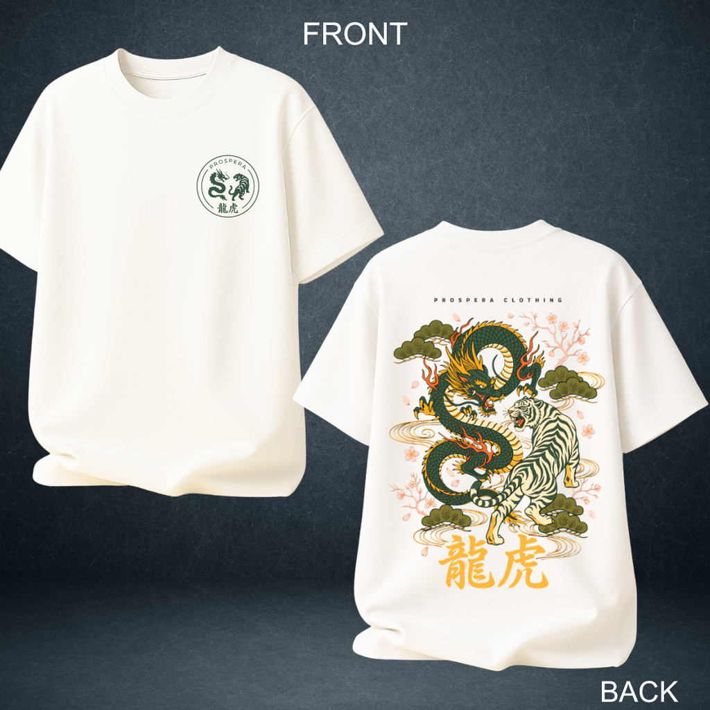 dragon vs tiger white unisex overiszed tshirt  front back image