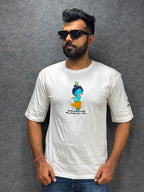 Model wear embroidery bal Krishna with flute and peacock feather on white cotton t-shirt with bagwadgita slok