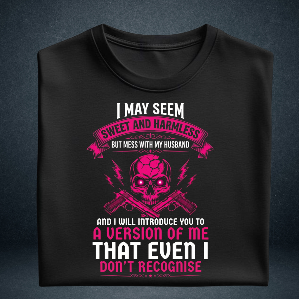 Women's black Sweet and Harmless graphic t-shirt folded  wife husband quote tee - Prospera Clothing