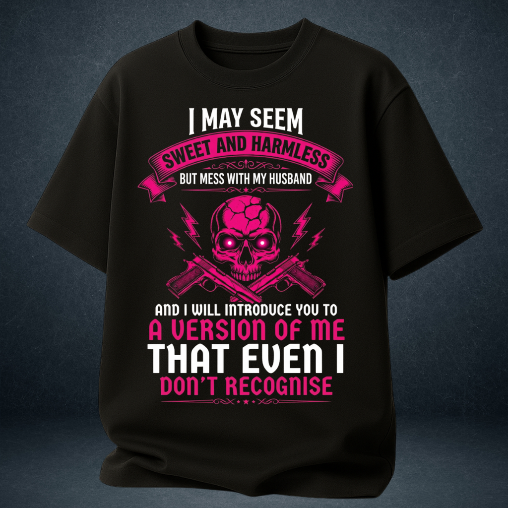 Women's black oversized graphic tshirt worn  Sweet Harmless pink skull husband quote - Prospera India