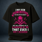 Women's black oversized graphic tshirt worn  Sweet Harmless pink skull husband quote - Prospera India