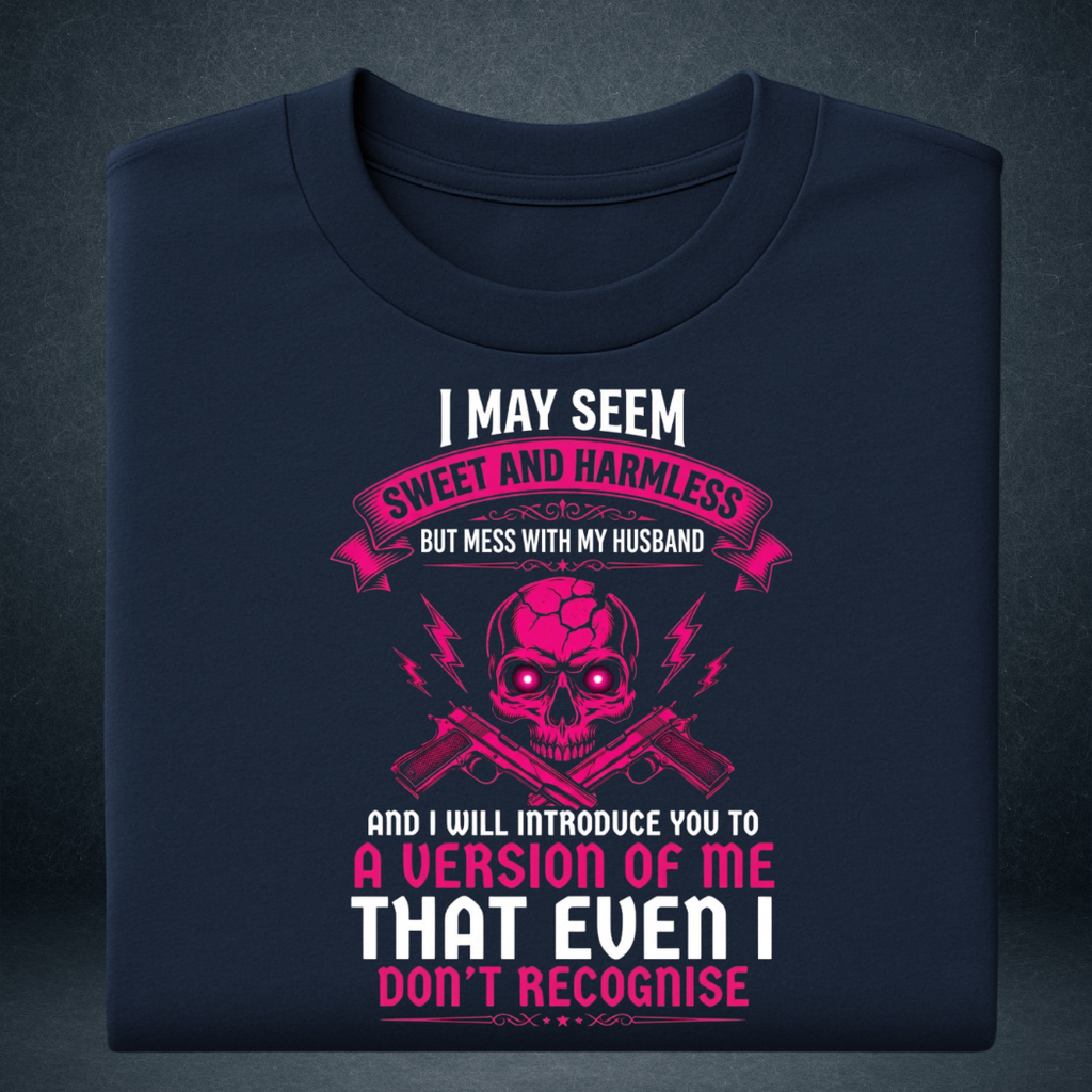 Women's navy blue oversized graphic t-shirt folded Sweet and Harmless husband quote  pink skull print - Prospera Clothing India