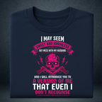 Women's navy blue oversized graphic t-shirt folded Sweet and Harmless husband quote  pink skull print - Prospera Clothing India