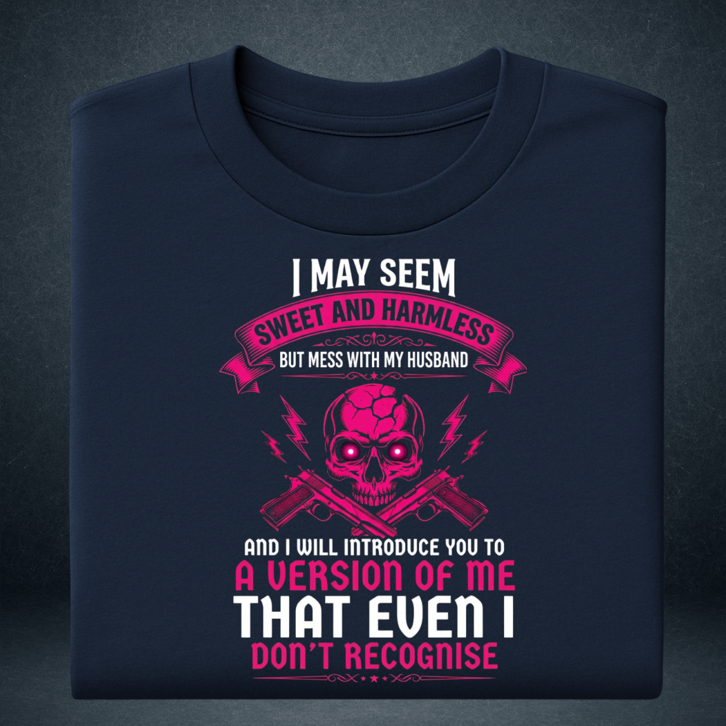 Women's navy blue oversized graphic t-shirt folded Sweet and Harmless husband quote  pink skull print - Prospera Clothing India