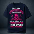 Women's navy blue Sweet and Harmless wife quote t-shirt worn front view  oversized pink graphic tee India