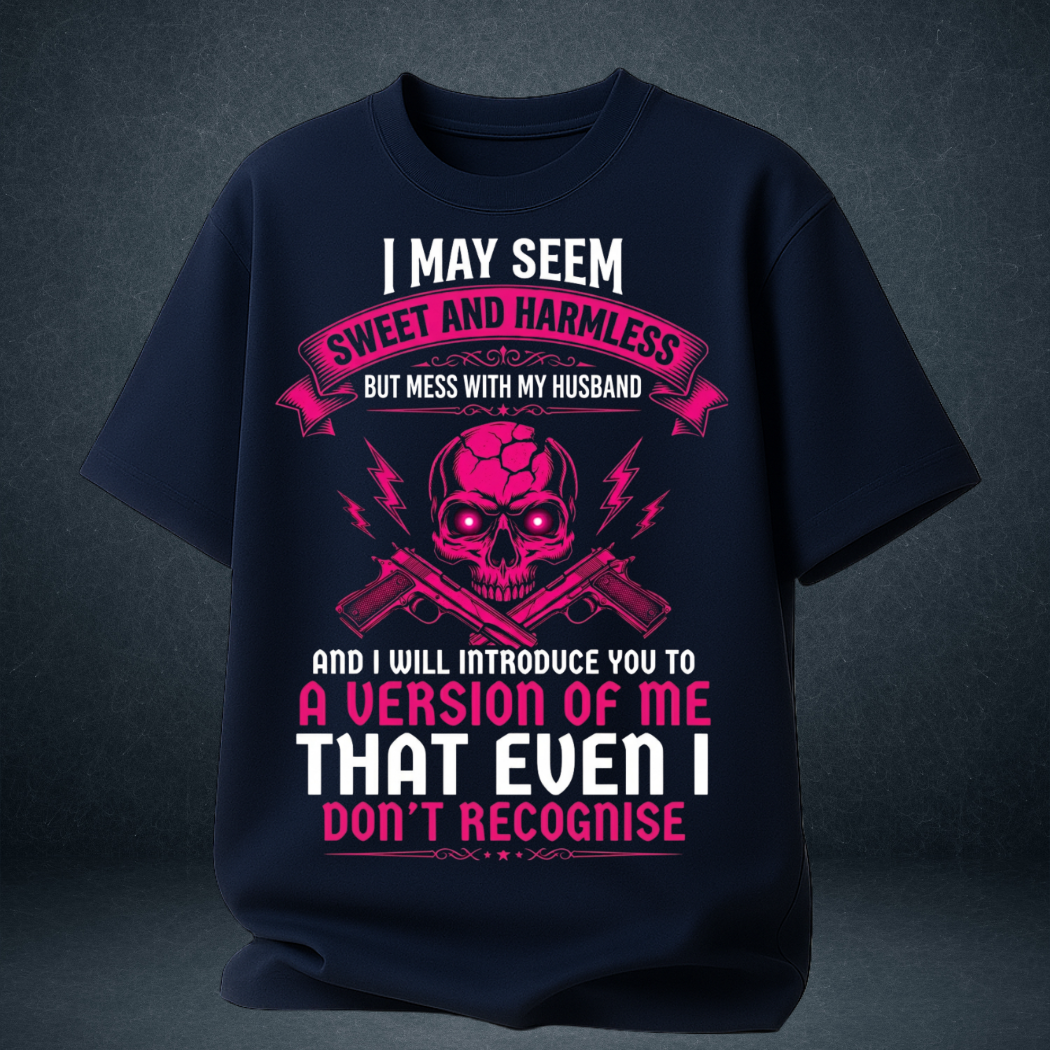 Women's navy blue Sweet and Harmless wife quote t-shirt worn front view  oversized pink graphic tee India